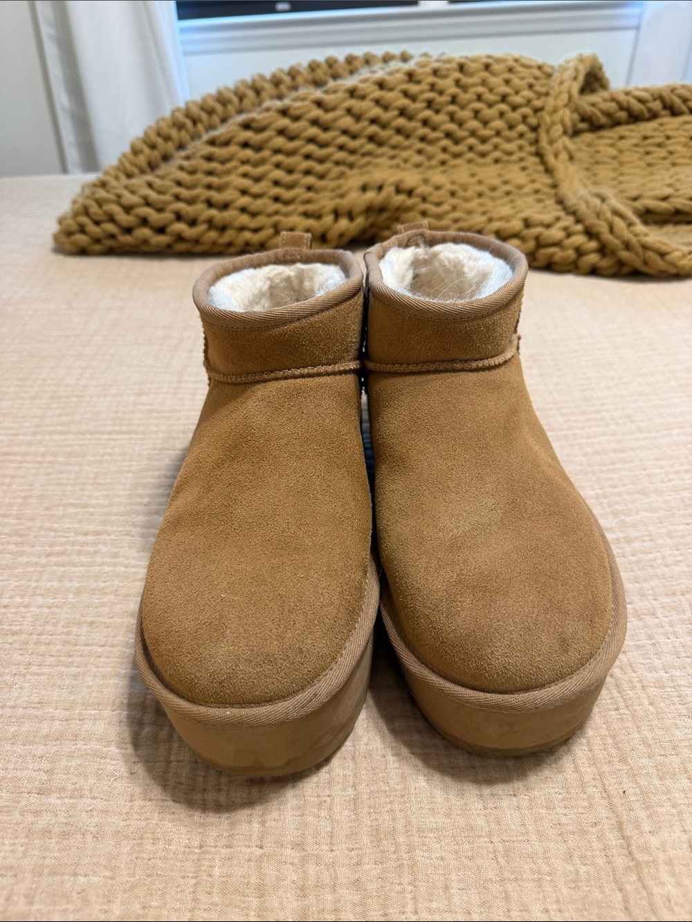 UGG Chestnut Suede Shearling Platform Mini Booties